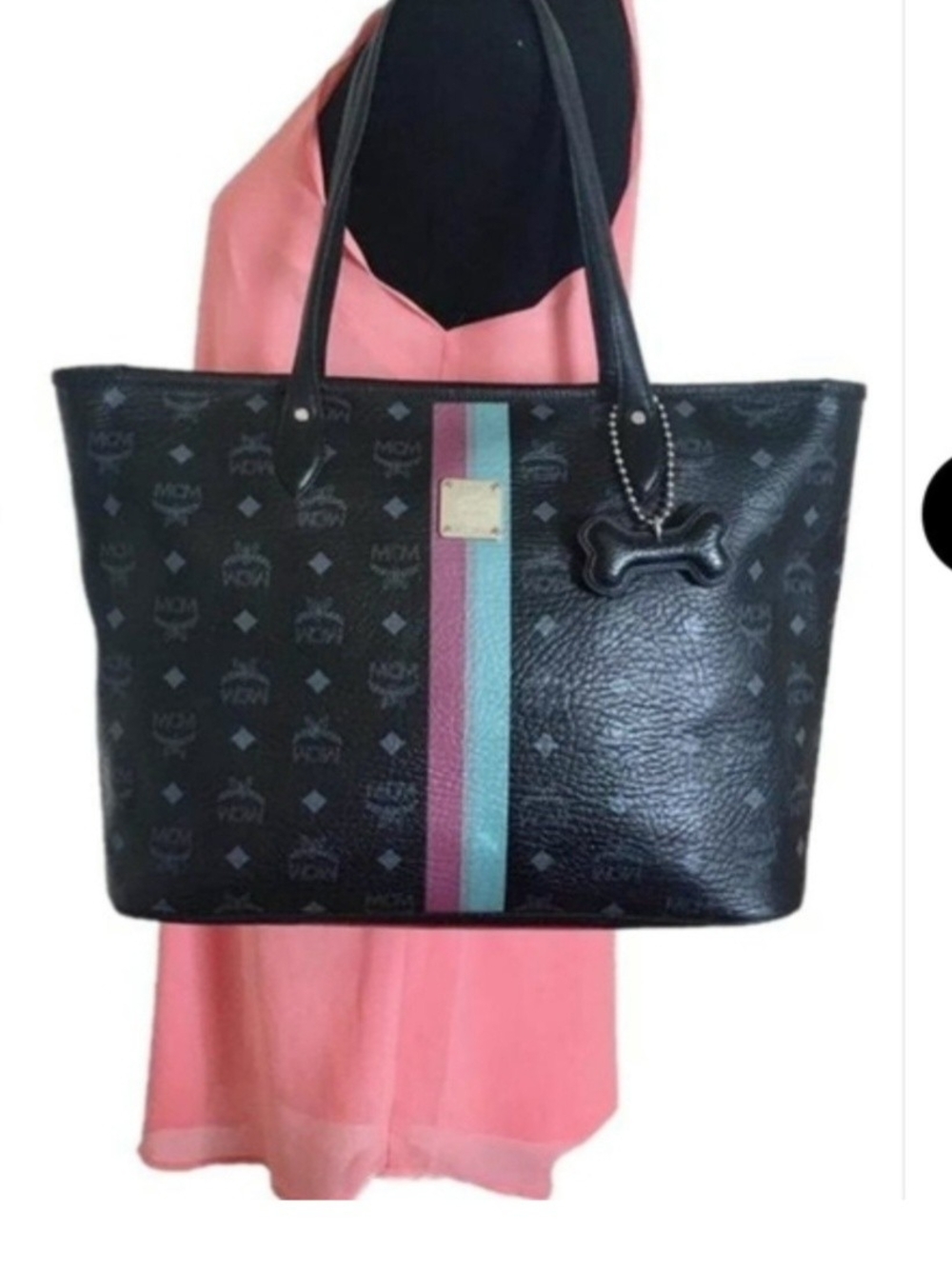MCM Black Monogram Tote with Teal and Pink Stripe